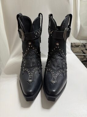 Black Studded Western-Style Ankle Booties with Buckle